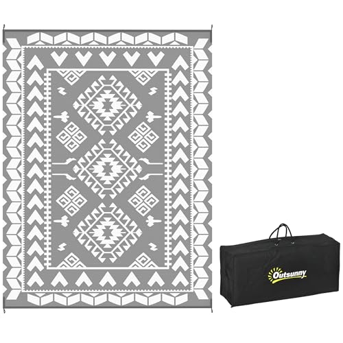 Outsunny Reversible Outdoor RV Rug with Carry Bag, 9′ x 12′ Patio Floor Mat, Plastic Straw Rug for Backyard, Deck, Picnic, Beach, Camping, Rhombus Patchwork, Grey and White