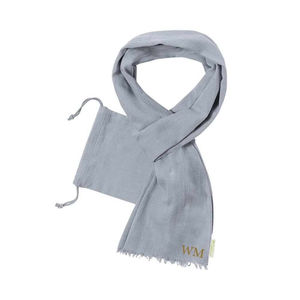 eBuyGB Personalised Scarf for Women, Organic Cotton Fringe Scarf with Initials, Monogram Pastel Scarves, Spring Cosy Scarf with Pouch (Pastel Grey)