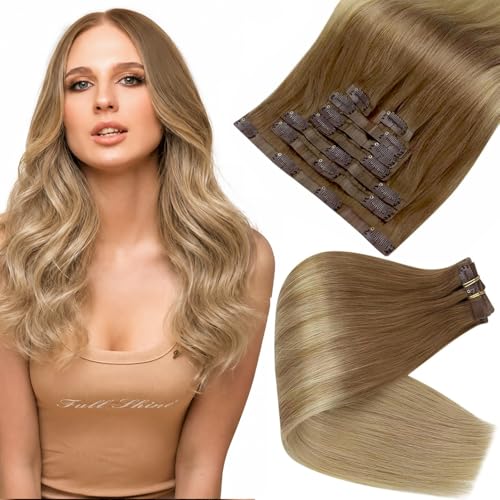 Image of Full Shine Human Hair Clip in Extensions 16 Inch Clip in Hair Extensions Light Brown to Ash Blonde Real Hair Ombre Seamless Hair Extension with PU Skin Weft Softness 8 PCS 120 G