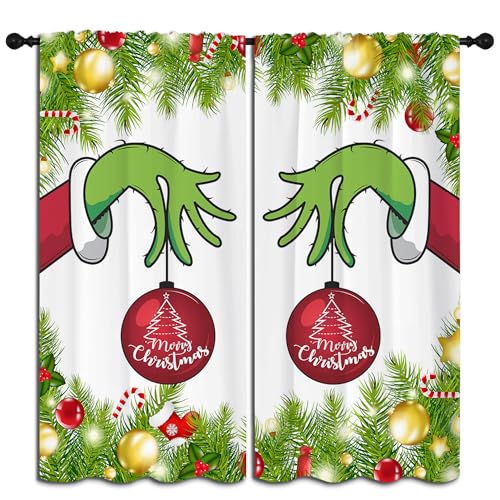 PYMATYTN Merry Christmas Rod Pocket Blackout Curtains for Boy Girl Bedroom, Xmas Fir Twigs Socks and Candy and Balls Light Filtering Window Drapes for Living Room Home Decor Privacy, 42x63 inch