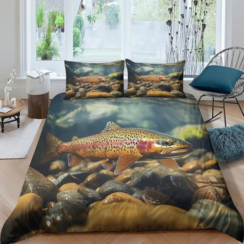 Housse de couette truite 3D King en microfibre avec taie d'oreiller