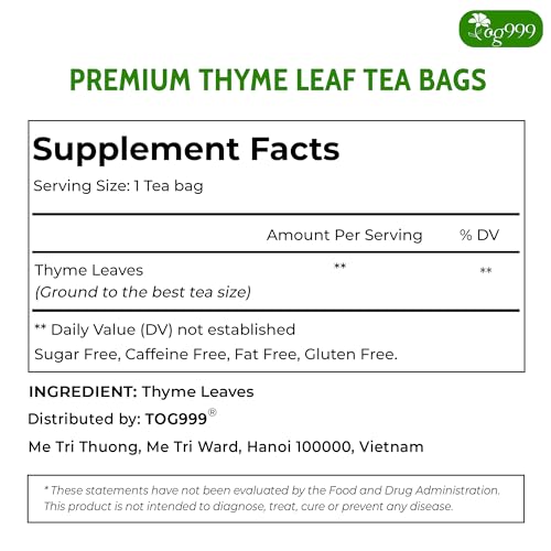 Image of TOG999, Premium 120 Thyme Leaf Tea Bags, 100% Natural & Pure. Loose Leaf Thyme Herbal Tea. No Sugar, No Caffeine, No Gluten, Vegan.