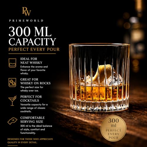 Image of PrimeWorld Newyork Eropean Crystal Whiskey Glasses Set of 6 pcs- 300 ml Bar Glass for Drinking Bourbon, Whisky, Scotch, Cocktails, Cognac- Old Fashioned Cocktail Tumblers