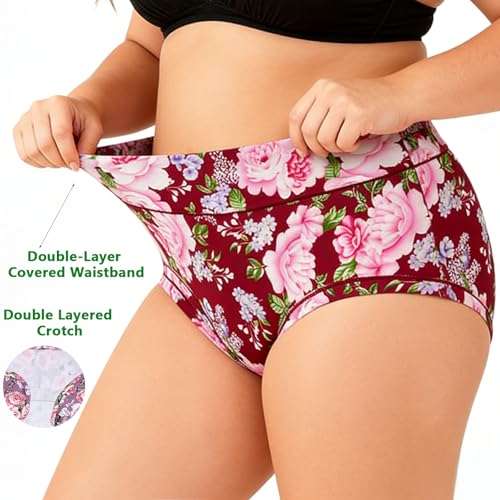 Image of Women's Plus Size XL-5XL Underwear High Waist Briefs Panties Rose Floral Print Ladies Undies 5-Pack