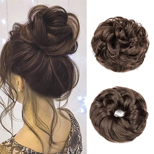 Cybelleza Messy Bun Hair Piece Curly Hair Scrunchies Thick Messy Hair Bun Updo Hairpiece Synthetic Ribbon Ponytail Extensions Donut Chignons Wavy Wig for Women Girls 35g Chestnut Brown