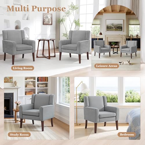 Image of Accent Chairs for Living Room, Mid-Century Reading Chair with Wood Legs, Upholstered Comfy Living Room Chair for Bedroom, Apartment, Waiting Room, Light Grey