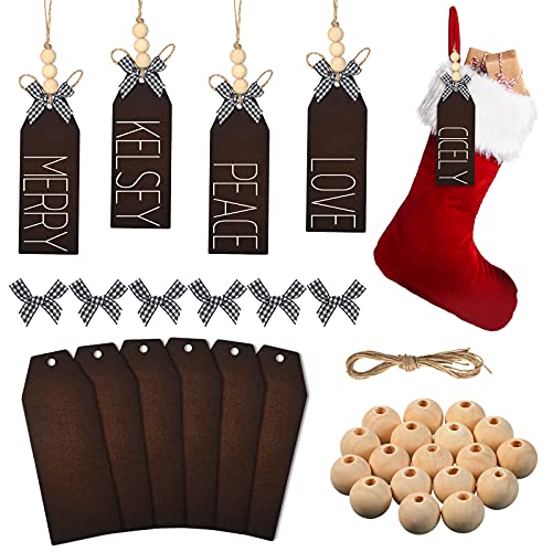 Image of Jetec 6 Pieces Christmas Wood Stocking Name Tags DIY Stocking Signs Personalized Farmhouse Name Tag with Buffalo Check Bows for Christmas Closet Xmas Hanging Decoration (Dark Color)