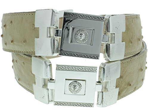 El Presidente Mens Sand Cowboy Belt Ostrich Quill Print Silver Links Western Dress2