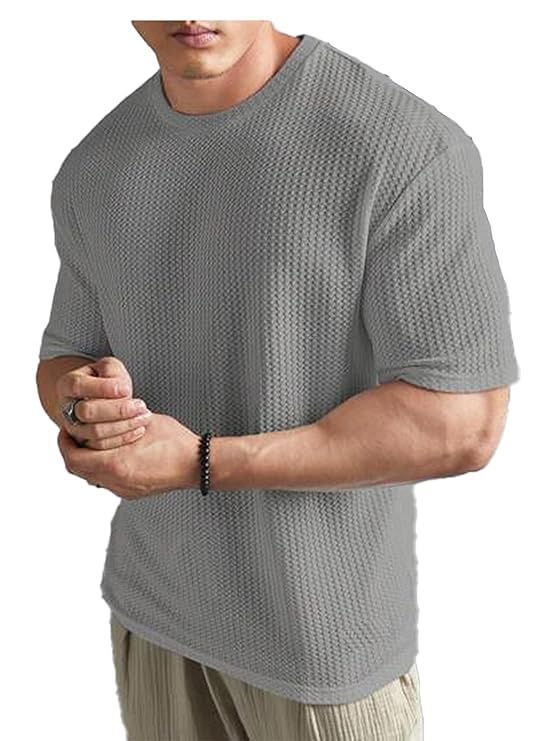 Image of Men Solid Waffle Round Neck Oversized /Dropshoulder |Baggy| Summer T Shirt for Ment Shirt