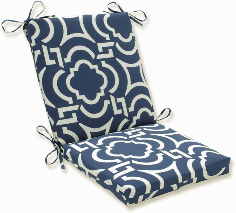 Pillow Perfect Trellis Indoor/Outdoor Solid Back 1 Piece Square Corner Chair Cushion with Ties, Deep Seat, Weather, and Fade Resistant, 36.5" x 18", Blue/White Carmody, 1 Count Square Corner - 36.5" x 18" Blue/White Carmody