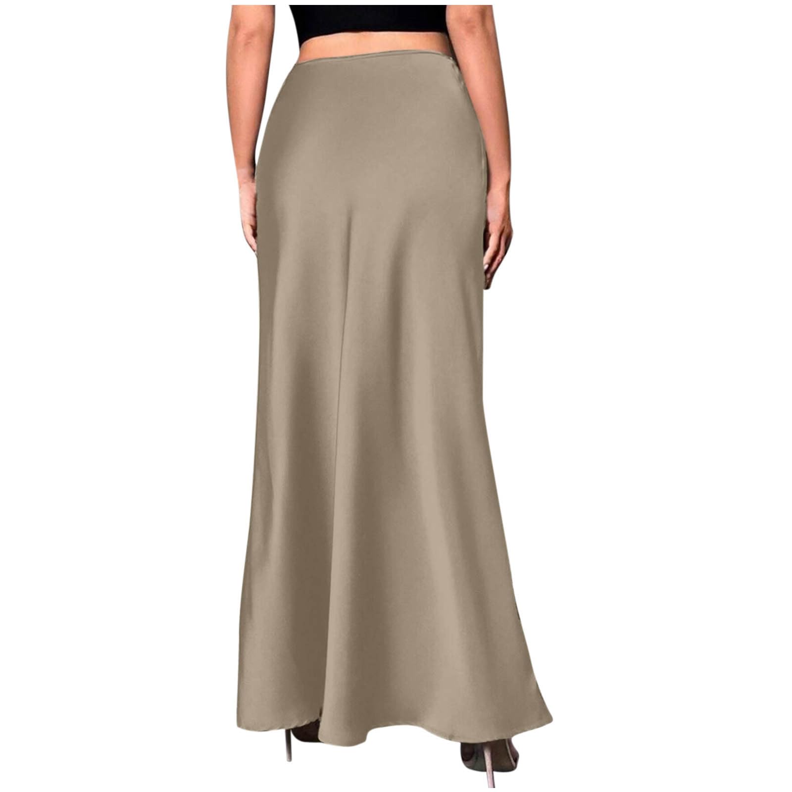 Women's Satin Elegant Long Skirt High Waist Hidden Silk Dressy Maxi Skirts Elastic Waist Flared Casual A Line Skirt Khaki