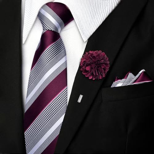 Image of DiBanGu Mens Zipper Tie Silk Pre-Tied Necktie with Gift Box | Jacquard Woven,Paisley Solid Plaid Pattern,6PCS with Pocket Square,Cufflinks and Lapel Pin,for Wedding Party Formal Business