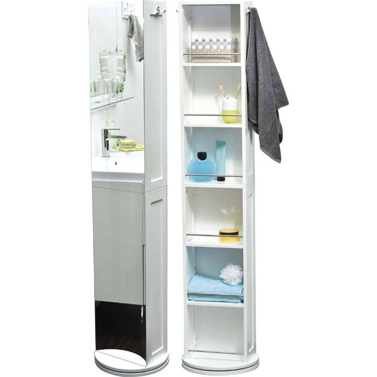 TENDANCE Atmosphera - Colonne Miroir Pivotante Blanche - 170 x 36 x 36 cm - Rotation 360°, 6 Niches, 2 Patères - pour Salle de Bain, WC, Rangement