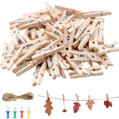 Wäscheklammern Holz 100 Stück 3 5cm Holzklammern Klein Mini Wäscheklammern Kleine Holzklammern Holz Klammern für Fotos Aufhängen mit 12M Jute String für Fotowand Postkarten Briefen