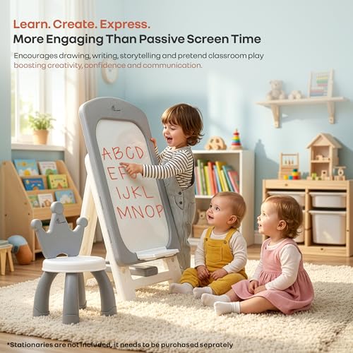 Image of R for Rabbit Little Genius Doodle Duo for Kids Whiteboard with Chair Set | 7-Level Adjustable Height Study Table for 3-7 Years | Foldable & Space Saving | Desk for Learning & Drawing (Grey White)