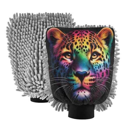 ALAZA Leopard Portrait Rainbow Color Car Wash Mitt Scratch Free, 2 Pack Absorbent Microfiber/Chenille Washing & Drying Mitts, L