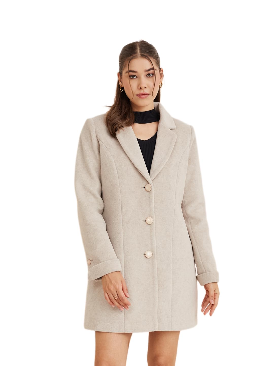 latin quarters Women'S Beige Collar Neck Full Sleeves Solid Casual Coat-picture-24