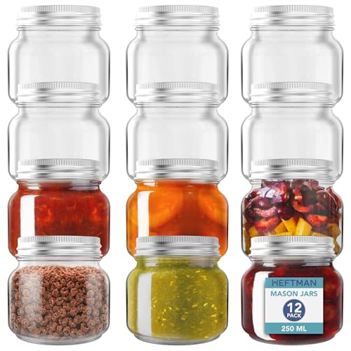 HEFTMAN Glass Mason Jars with Lids - Set of 12 250ml Air Tight Jars for Overnight Oats, Homemade Jam - Sturdy Glass Jars with Lids, Pickling Jars, Preserving Jars for Baby Food Storage (250ml) HEFTMAN Glass Mason Jars with Lids - Set of 12 250ml Air Tight Jars for Overnight Oats, Homemade Jam - Sturdy Glass Jars with Lids, Pickling Jars, Preserving Jars for Baby Food Storage (250ml)