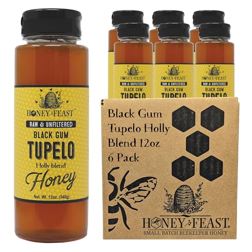 Honey Feast Tupelo Honey 12oz - 6 Pack Case, Authentic Florida Honey from Black Gum Tupelo & Holly Blend, Pure Raw Honey - Bulk American Honey from Central Florida Apiary