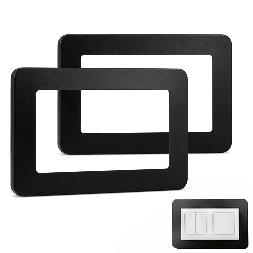 2 PCS Double Socket Surround Cover, Self Adhesive Acrylic Wall Socket Frame, Decorative Plug Socket Trim Plate, Square Switch Border Cover for Home Renovation, Bedroom, Office, Black, 14.6 x 8.6 cm