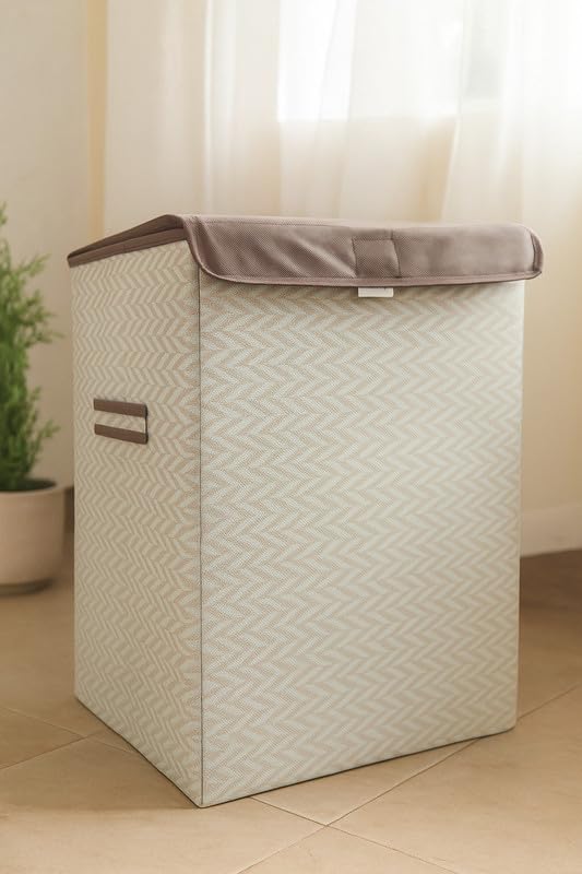 Image of QUAIL Non Woven Foldable Jute Printed 75 Liter Laundry Basket with Lid - Durable & Collapsible Storage Bag for Clothes, Toys & Washing Items (Brown Golden, Set of 1)