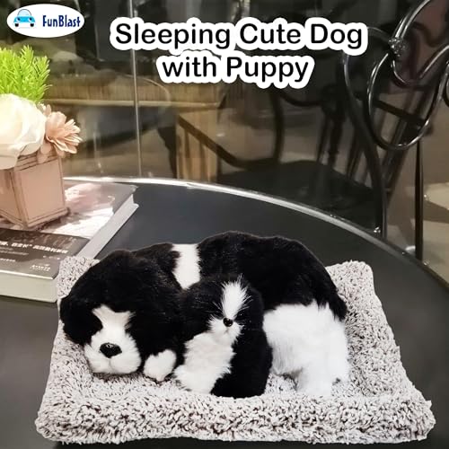 Image of FunBlast Sleeping Cute Dog with Puppy - Realistic Soft & Lifelike Pet Puppy with Bed for Car Dashboard and Home Decor, Sleeping Dog Soft Toy (Black)