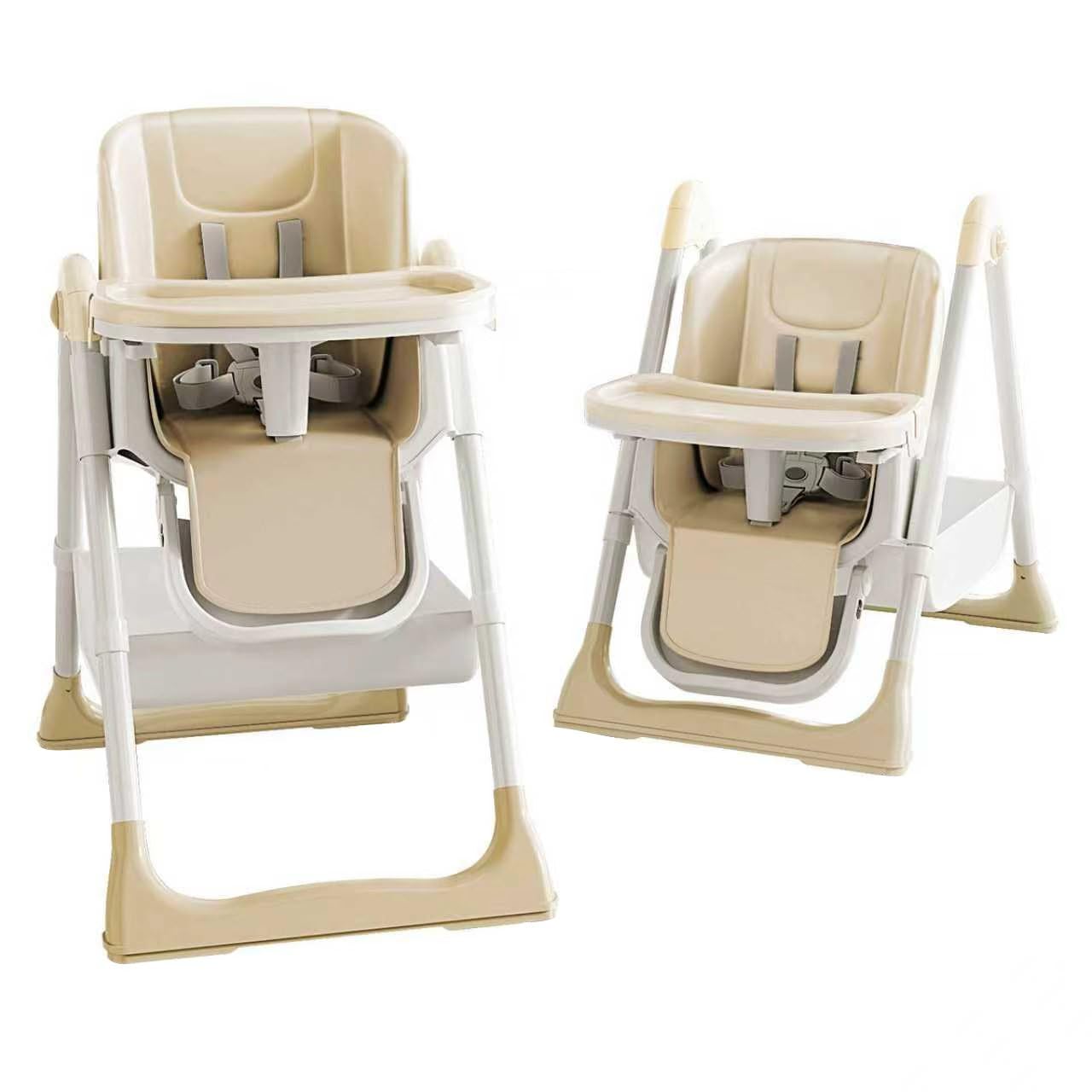 Seggiolone Pappa Portatile, Seggiolone Evolutivo con Vassoio Doppio Rimovibile, 4 Posizioni di Reclinazione e 5 Posizioni di Altezza Seggiolone per Bambini da 6-36 mesi, Beige 01