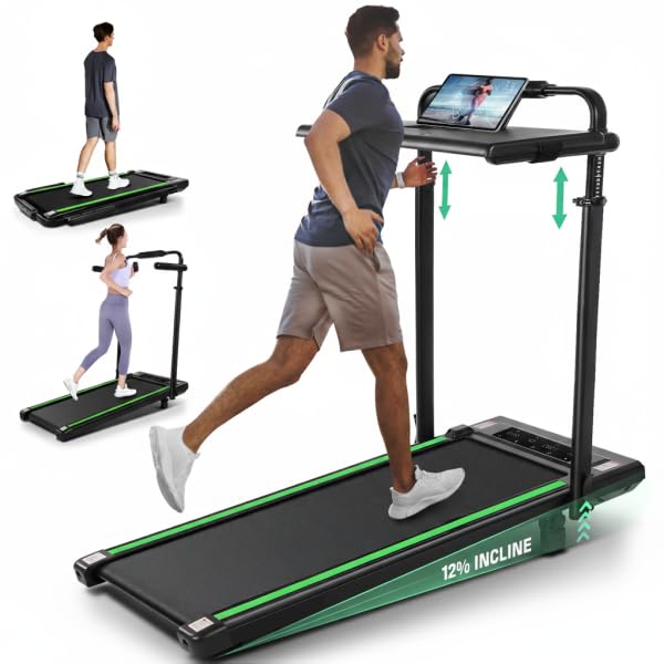Image of Walking Pad Treadmill Adjustable Height, Under Desk Treadmills with Handle Bar and Incline, 300lbs Capacity Foldable Treadmill with Removable Desk Workstation, Installation-Free(Black Green)