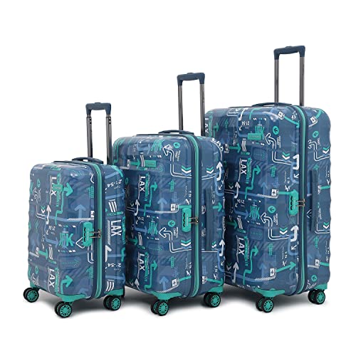 Image of uppercase Jfk Trolley Bag Set Of 3 (S+M+L) Hardsided Polycarbonate Printed Cabin & Check-In Luggage, Combination Lock, 8 Wheel Trolley Bag, 2000 Days Warranty (Denim Blue, 31 X 53 X 75.5 Cm, Spinner)