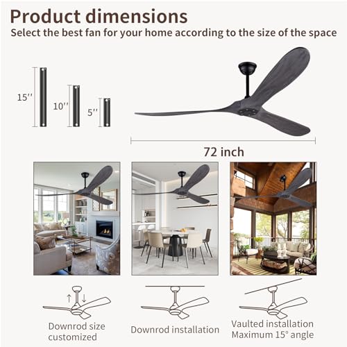 72 Inch Ceiling Fan Without Light ,Wood Outdoor Ceiling Fans for Patios Living Room Gazebo Modern Exterior Extra Large Waterproof Ceiling Fan No Light with Downrod(Grey)