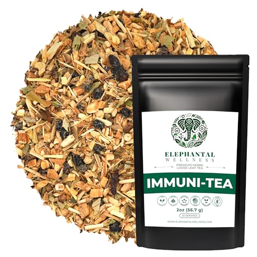 Elephantal Wellness Premium Immuni-Tea | Immune System & Respiratory Support with Reishi, Clove, Echinacea & Elderberry | Handmade, Caffeine-Free, Non-GMO Loose Leaf Blend, 2oz, 20 Servings