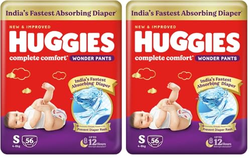 Image of Huggies Complete Comfort Wonder Pants | Pant Style Baby Diapers S Size, 56 Count | India's Fastest Absorbing Diaper, Patented Dry Xpert Channel, Ideal for 4 to 8 Kgs (Pack of 2)