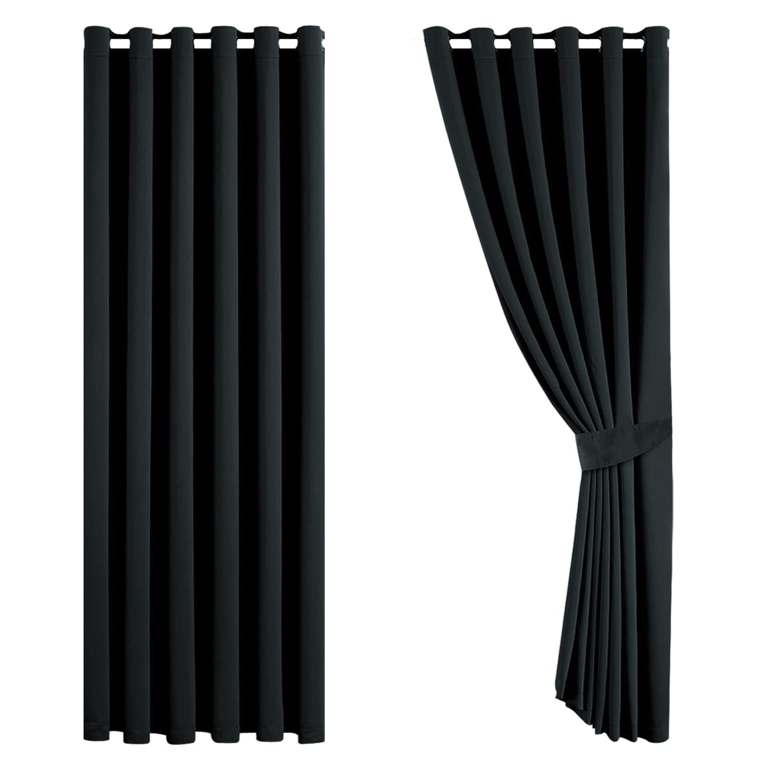 Aspire Homeware Blackout Curtains for Bedroom Eyelet Black Curtains 90x90 Drop Ring Top Super Soft Living Room Window Curtain with Two Tie Backs Pair Panels