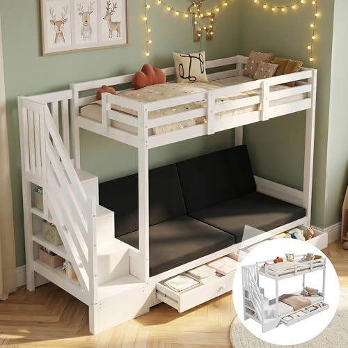 Kinderbett Etagenbett 90x200, Platzsparendes Hochbett mit Treppenschrank&Sofa&2 Schubladen, Funktionsbett Stockbett Kinderhochbett Jugendhochbett mit Lattenrost & Rausfallschutz, Ohne Matratze, Weiß