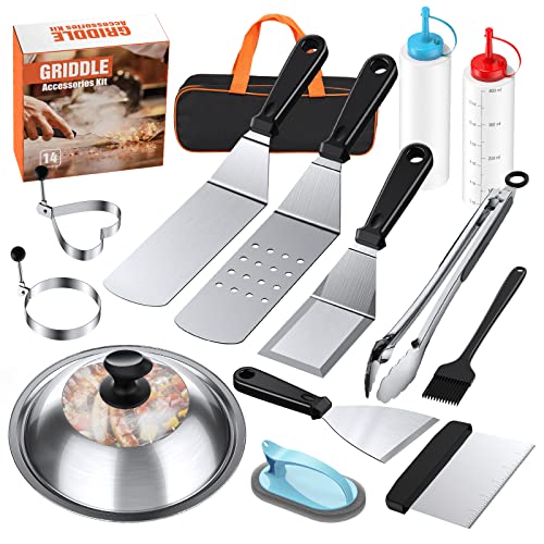 Blackstone Griddle Accessories Kit,14 PCS Griddle Grill Tools Set for Blackstone and Camp Chef,Enlarged Spatulas, Basting Cover, Scraper,Tongs,Grill Spatula Kit for Outdoor Camping Barbecue Teppanyaki