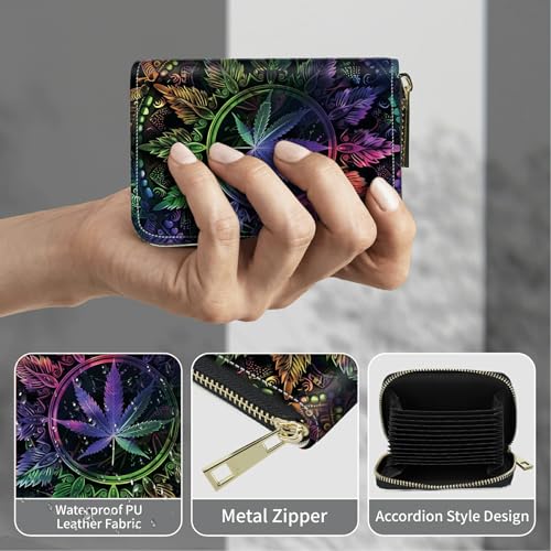 Image of Cute Credit Card Holder with Zipper, Color Weeds RFID-Blocking Card Case Small Wallet for Women Men, Multi-slot Card Organizer Case Travel Accordion Wallet