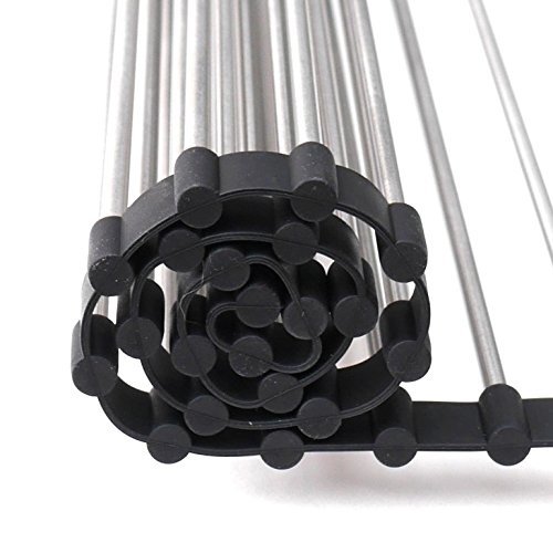 Large Roll Up Dish Drying Rack, Stainless Steel 18 x 16 Inch, Rollable Easy Storage, Defrosting Foods, Cooling Rack, Trivet, Over the Sink, Space Saver, Easy to Clean, Heat Resistant 450F - Black