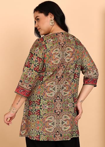 Image of Yash Gallery Women's Polyester Relaxed Fit Short Floral Placet 3 /4 Sleeve and Keyhole Neck Printed Kurti