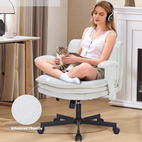 Image of Criss Cross Chair with Wheels and Flip Arms, Upholstered Cross Legged Office Chair with 3 Layer Cushions&Dynamic Airbag Lumbar Support, Wide Seat Comfy Desk Chair for Home Office, Living Room, Beige