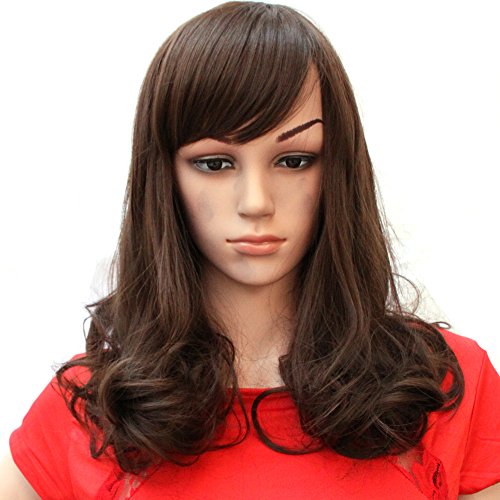 HSG good quality lady long wavy wigs medium-length chocolate hair wigs curly oblique bangs wigs JFG008