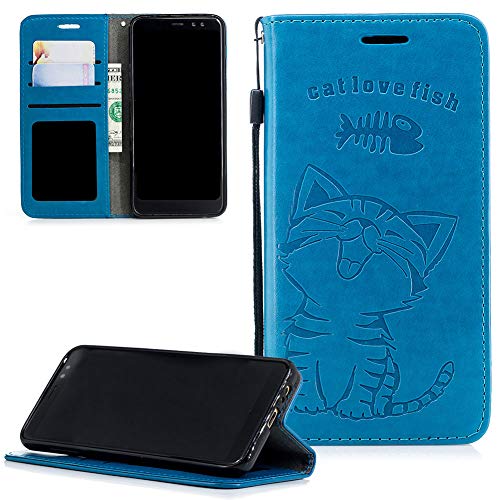 Preisvergleich Produktbild ZCXG Galaxy A6 Plus 2018 Hülle,Weich Slim Madam Frauen Brieftasche Hülle Leder Magnet Ständer Katze Niedlich Kartenhalter Geldbeutel Kreditkartenhüllen Handyhülle Samsung Galaxy A6 Plus 2018 Blau