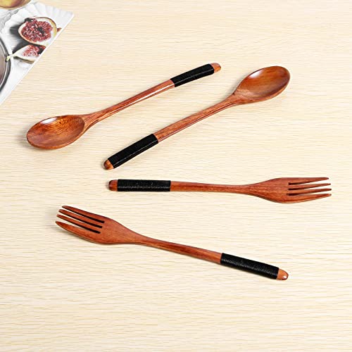 XIAOJUN Wooden Spoons Forks Set Japanese Style Wooden Utensils Set for Eating Wood Flatware Set Reusable (Black,10 Pieces) - Image 2