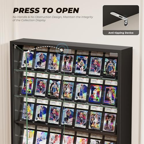 Image of Wall Display Case with Glass Doors, Sports Card Display Case | 6-Tier, Adjustable Glass Shelves, Shot Glass Display Case for Collectibles, Display Cabinet for Trading Cards, Black