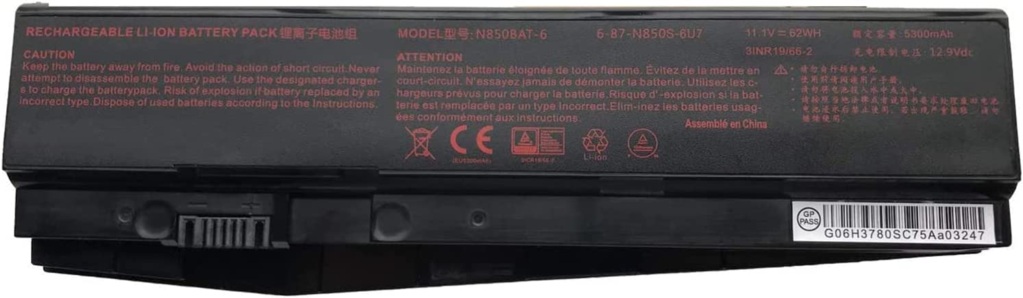 N850BAT-6 6-87-N850S-6E71 6-87-N850S-4U41 911ME 911SE 911SE-E5TA SM-BTR2 Laptop Battery Replacement for Clevo Z6-KP5GT Z7M-KP7G1 T58-T1 T6TI N870HJ Series(11.1V 62Wh)