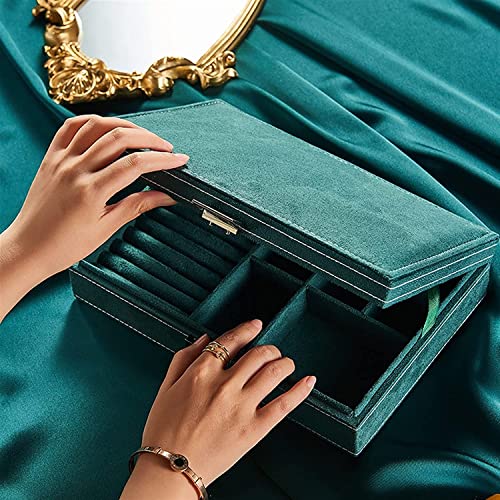 Image of BucketList Women's Velvet Glass Ring Earrings Jewelry Box - Display Storage Case with Lock for Earrings, Bracelets, Rings, Necklace, Watches (1 layer with Lock Green Box)