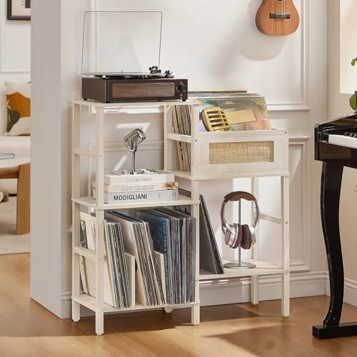 LELELINKY Record Player Stand White Cream Oak Wood Record Holder with Vinyl Storage Holds up to 300+ Albums 3-Tier Rattan Media Table with Vinyl Display Shelf Record Storage Cabinet for Living Room