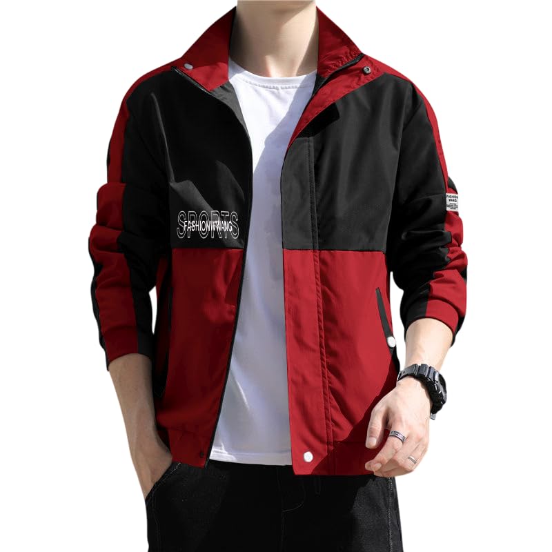 Image of mans jecket|Men's Red & Black Sports Jacket - Lightweight Casual Outdoor Jacket with Pockets, Stylish Color-Block Design