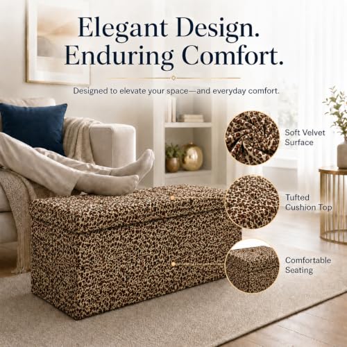 Image of ALASDO 30 Inch Folding Storage Ottoman Bench with Hidden Storage, PU Leather Ottoman Foot Rest Stool, End of Bed Bench for Bedroom, Living Room, Entryway and Closet, Leopard Print