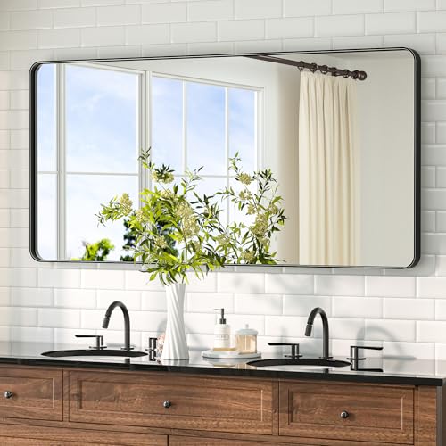 Image of TETOTE Black Mirror 48 x 24 Vanity Mirrors for Wall Decor Matte Black Bathroom Mirrors, Tempered Glass, Modern Farmhouse Wall Mounted Mirror for Decorative(Horizontal /Vertical)