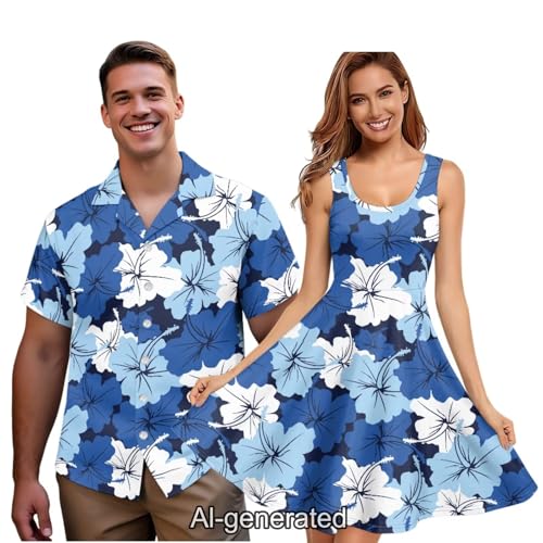 Image of Dreaweet Summer Dresses for Women A-Line Sleeveless Flowy Sun Dresses,Men's Casual Button-Down Shirts,Couple Matching Outfits